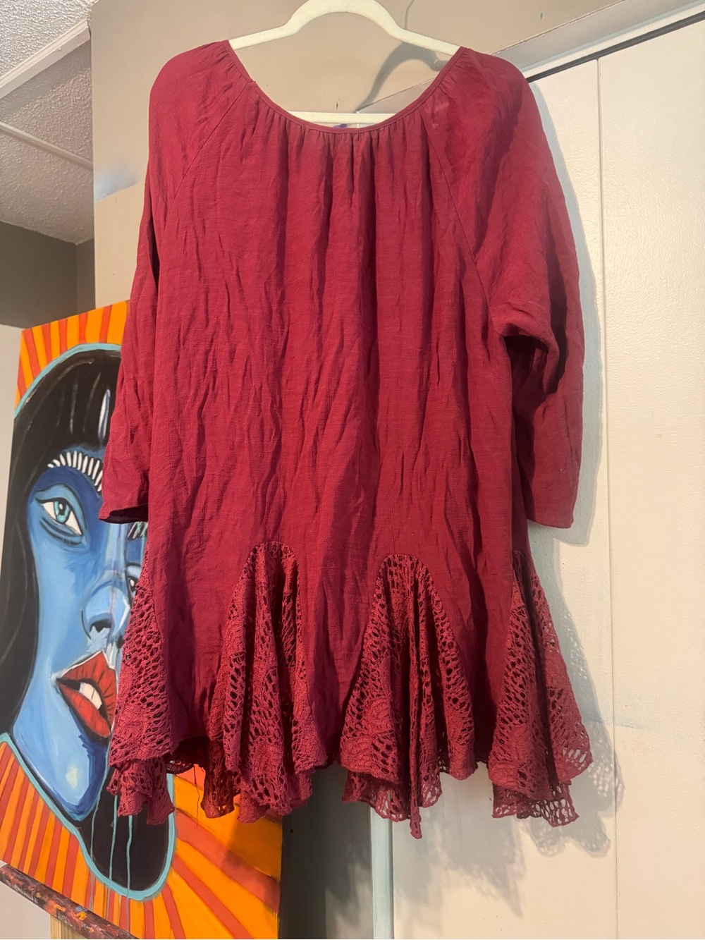 Indigo Soul XL Burgundy Crochet Lace Asymmetrical Hem Mini Tunic Dress Whimsigot - Picture 7 of 9